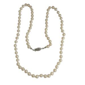 Vintage White Glass Pearl Necklace 24" 4mm Hand Knotted Matinee Length Clasp